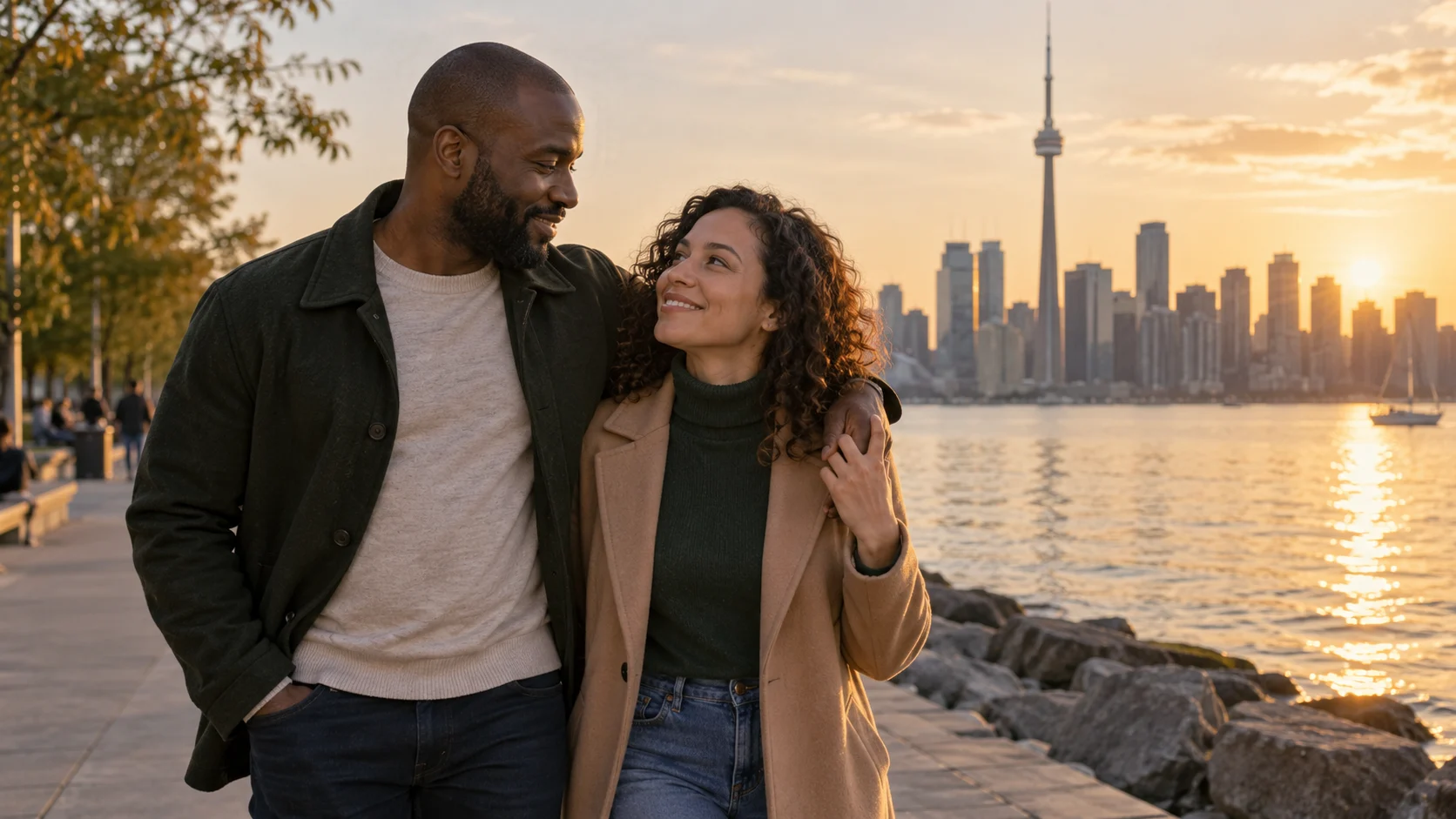 Adult couple sharing a positive moment on the Toronto waterfront